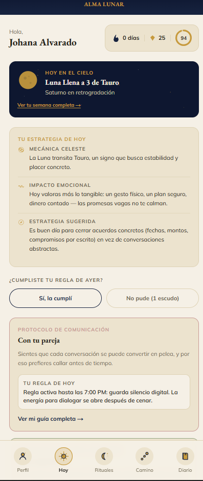 Pantalla Hoy, con tu estrategia diaria de pareja y dinero